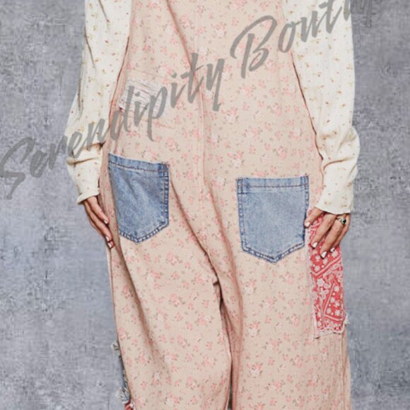 POL Farmers Suspender Overalls Wide Leg Floral Patchwork Denim Bib Overalls - Picture 6 of 11